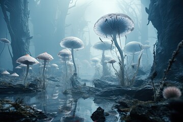 sztuka komputerowa przedstawiajaca swiat w krainie grzybów, zwariowany las grzybów - obrazy, fototapety, plakaty