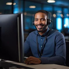 Fototapete Trabajador del centro de llamadas siempre sonriente operador de atención al cliente en el trabajo joven empleado que trabaja con un auricular © Fabian