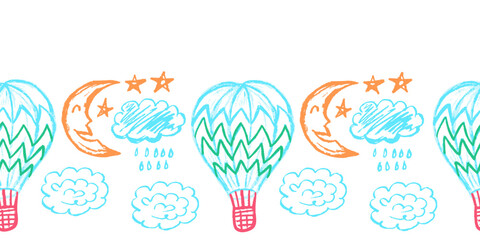 Cute seamless border. Drawings with wax crayons. Design for paper, fabric, interior decor and other use