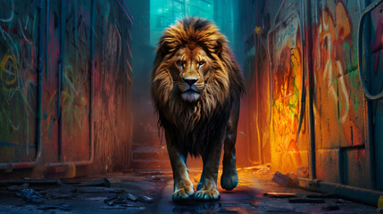  Lion is standing in front of graffiti - obrazy, fototapety, plakaty