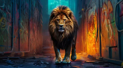 Foto op Plexiglas  Lion is standing in front of graffiti © Annette
