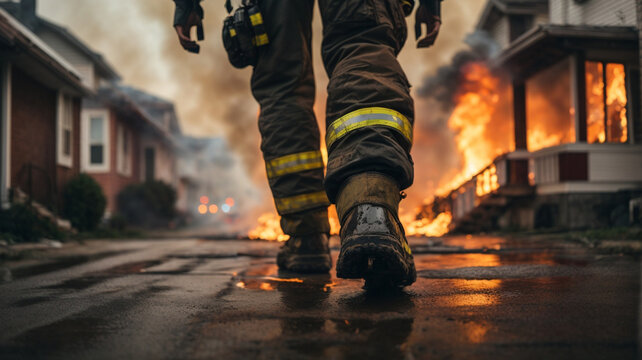 Firefighter walking in burned city. Close up firefighters feet. Fire and emergency vehicles. Nature is on fire. Fire emergency AI generative.