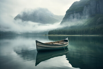 Misty mountain lake with boat