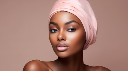Beautiful young afro american woman with pink headband and clean fresh skin, on beige, pink background with copy space, facial skin care. Cosmetology, beauty, spa. female cosmetics concept.