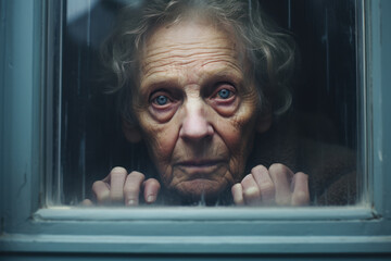 A lonely elderly person looking out of a window, symbolizing the isolation and mental health challenges often faced by seniors. Concept of social isolation. Generative Ai. - obrazy, fototapety, plakaty