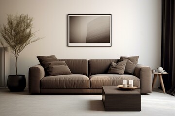 Contemporary living area with a chocolate brown sofa in a minimalist setting. Sleek and modern interior design. Generative AI