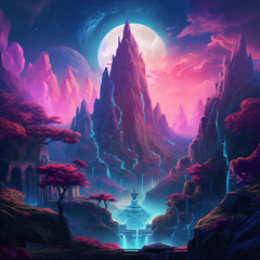 Ultra-Detailed Fantasy Universe: Vaporwave Aesthetic, Majestic Mountain, and Neon-Lit Ancient-Futuristic Contrast
