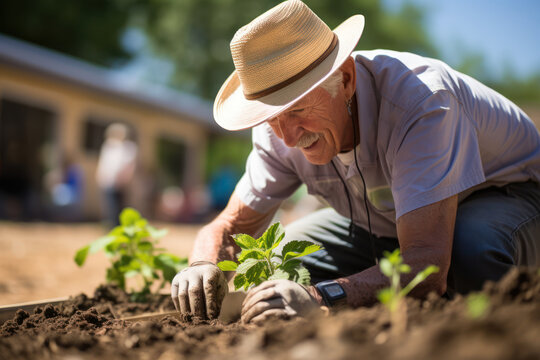 An image of an older person starting a community garden project, emphasizing the potential for seniors to contribute to sustainable initiatives. Concept of environmental involvement. Generative Ai.