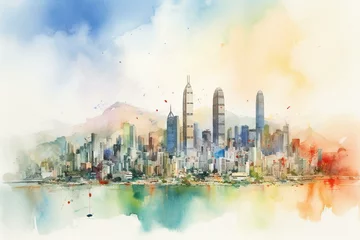 Foto op Plexiglas A vibrant watercolor-style painting of the Hong Kong city skyline. Generative AI © Sirius