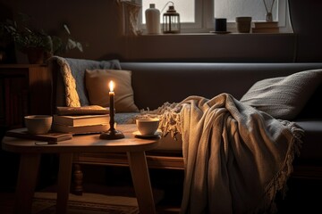 Gemütliche Leseecke in romantischer Atmosphäre. Kerzenlicht im Winter mit Kaffee. Warme Umgebung mit Decke zum Kuscheln. - obrazy, fototapety, plakaty
