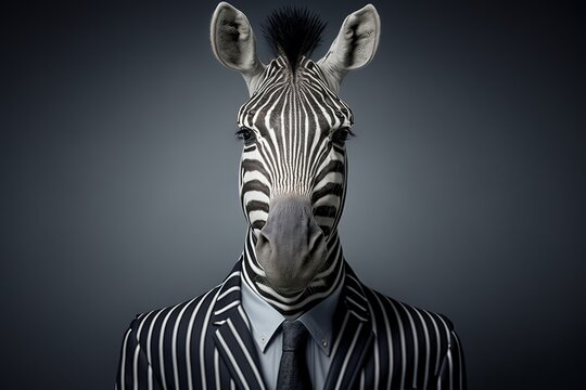 Zebra im Anzug. Nadelstreifen Anzug im Zebra Look. Portr&auml;t vom Business Zebra als Fotomontage.