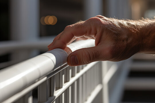 A close-up photograph focuses on a person's hand holding onto a railing for stability, highlighting the challenges of movement and balance during illness. Generative Ai.