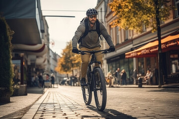 A cyclist navigates through a city street, showcasing an eco-friendly and active lifestyle choice for urban transportation. Generative Ai.