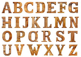 Set of wooden alphabet letter A-Z on transparent background cutout, PNG file. Mockup template for artwork design