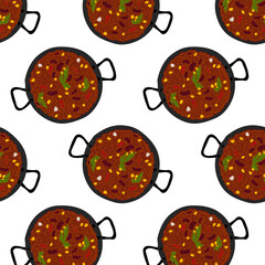 Seamless pattern of Chili con carne with beans, green and corn in cast iron pan. Flat lay. Isolate