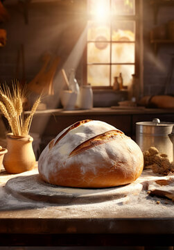 Bread on the table. Freshly baked homemade bread close-up. A loaf of bread in the sun. Home rustic background.