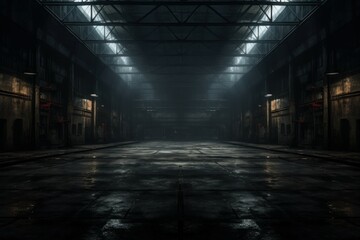 Dark empty warehouse. Hall inside floor. Generate Ai - obrazy, fototapety, plakaty