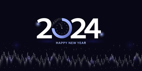Happy New Year 2024 Poster. Simple Watch and Typography with Light of City in the night Background Vector Illustration Design