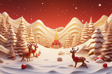 Snowy Christmas background with deers and trees, 3d render.