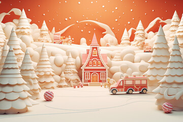 Christmas concept, 3d render wallpaper. Car, house and trees.