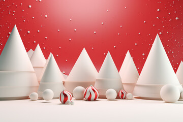 Red and pastel Christmas concept with white snow, 3d render wallpaper.