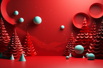 Red Christmas trees, 3d render wallpaper.