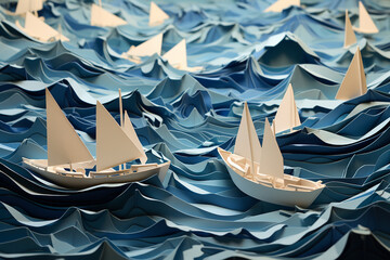 Paper clip art background, boats at sea.