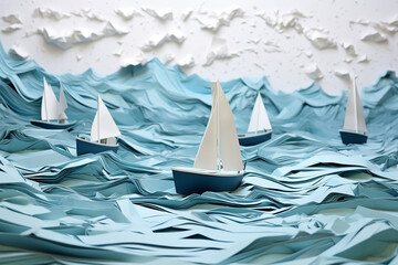 Paper clip art background, sailing boats at sea.