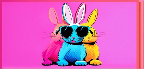 Chillin' Rabbit with Shades on Funky Backdrop - obrazy, fototapety, plakaty