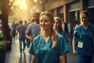 Fototapeta premium A person captures a group of healthcare workers at a hospital, showcasing the dedication and commitment of those who work tirelessly to care for others on Labor Day. Generative Ai.