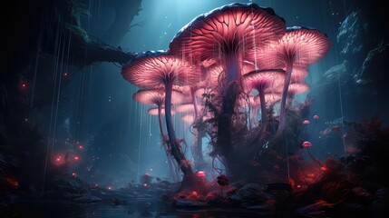pokazany świat grzybów przez pryzmat lasu - obrazy, fototapety, plakaty