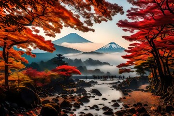 Fuji's Fall Symphony Morning Fog and Red Leaves