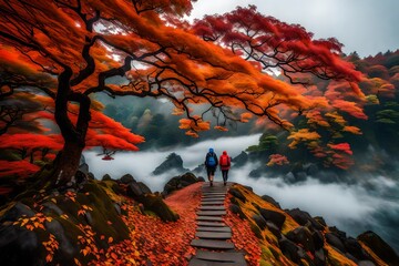 Fuji's Fall Symphony Morning Fog and Red Leaves
