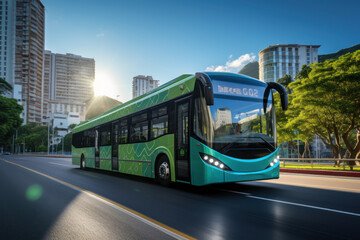 A clean, electric public bus transporting passengers in an urban area, reducing pollution. Generative Ai.