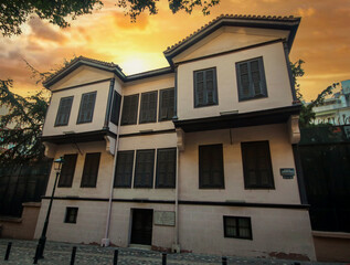 Thessaloniki, Greece - September 14, 2023: Exterior view of Ataturk Residence where Mustafa Kemal Ataturk, founder of Turkish Republic was born. His home is now a museum in Thessaloniki.