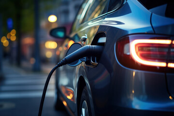 A hybrid electric car plugged in for charging, reducing reliance on fossil fuels. Generative Ai.