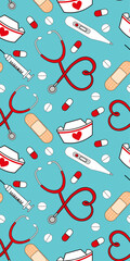 nurse doctor medical elements cartoon seamless background fabric textile