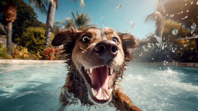 Excited dog in pool swimming and playing in the water. Funny photo of a puppy. Dog on summer vacation. Water training. Funny moments.