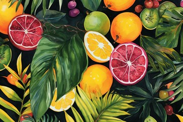 Tropical fruit and foliage watercolor pattern. Generative AI