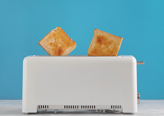 Roasted toast bread popping up of toaster with blue wall, front view