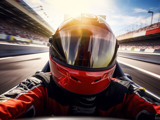Helmet view of racers during a fast sports race, car racing first-person view, speed photography - obrazy, fototapety, plakaty