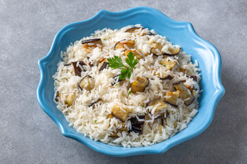 Traditional Turkish food; Eggplant rice pilaf. Turkish name; Patlicanli pirinc pilavi