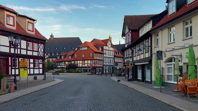 German traditional architecture fachwerk wooden houses in historical center Wernigerode, Saxony-Anhalt, Germany, August 20, 2023 . High quality 4k footage