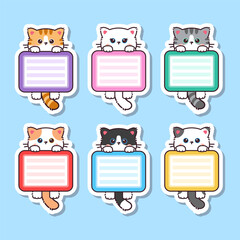 Cute kawaii cat sticker with blank label name tag cartoon vector set collection. Cute cat vector.