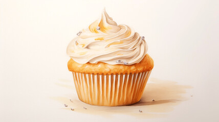 Vanilla cupcake isolated on white background. Watercolor illustration of a muffin with whipped cream. Design for cover, menu, confectionery.