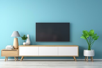 Modern living room with TV on cabinet against blue wall. Generative AI
