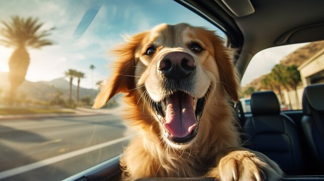Excited Golden Retriever Dog Traveling in Car, Posing for Photo