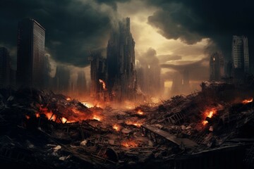 Obraz premium Desolate Destroyed skyscrapers street. Dramatic destroy. Generate Ai