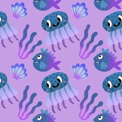 Cartoon fish seamless jellyfish and shall and coral pattern for fabrics and wrapping paper and kids clothes print