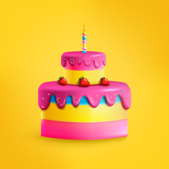 Birthday 3d cake premium two tier candy covered by melting glaze with one burning candle anniversary celebration 3d icon vector illustration